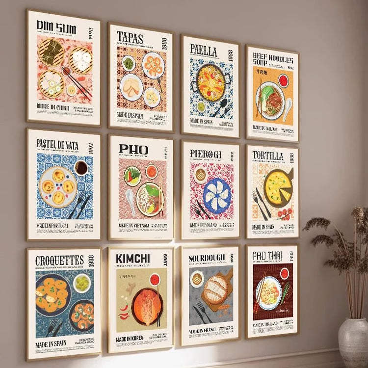 Global Cuisine Canvas Painting – Delicious Food Wall Art Poster – Ravioli, Ramen, Coffee & Pizza Prints for Modern Kitch