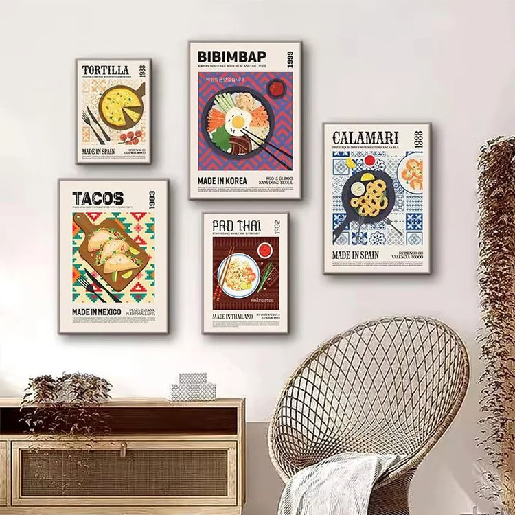 Global Cuisine Canvas Painting – Delicious Food Wall Art Poster – Ravioli, Ramen, Coffee & Pizza Prints for Modern Kitch