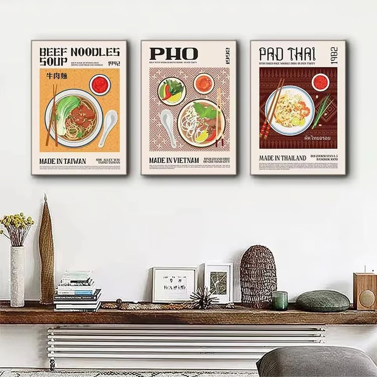Global Cuisine Canvas Painting – Delicious Food Wall Art Poster – Ravioli, Ramen, Coffee & Pizza Prints for Modern Kitch