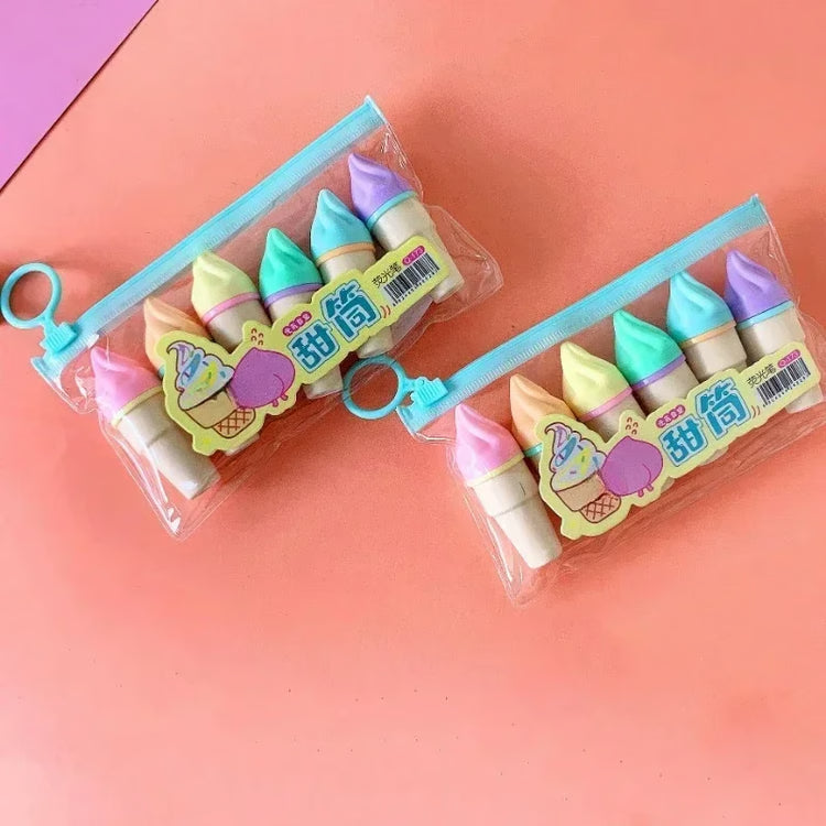 Cute Ice Cream Highlighters Set, Mini Marker Pens for Kids, Drawing & Painting Tool, Stationery Supplies for Students
